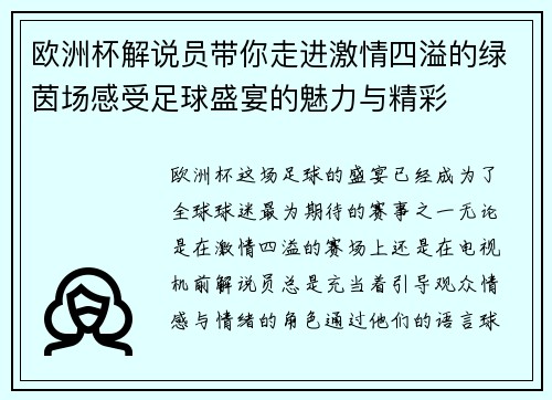 欧洲杯解说员带你走进激情四溢的绿茵场感受足球盛宴的魅力与精彩