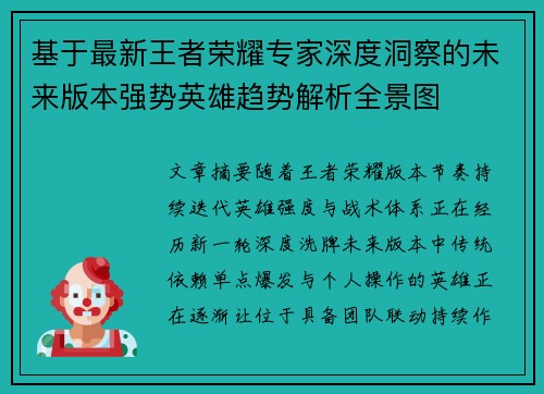 基于最新王者荣耀专家深度洞察的未来版本强势英雄趋势解析全景图