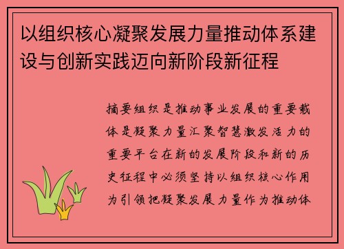 以组织核心凝聚发展力量推动体系建设与创新实践迈向新阶段新征程